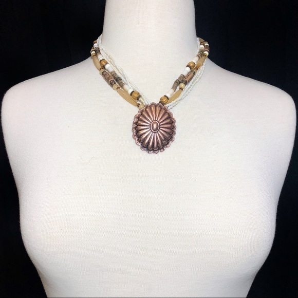 Copper concho Layered Bead Necklace Earrings Set - Picture 2 of 3